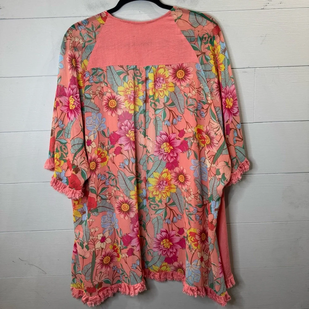 Umgee Coral Floral Kimono Duster Fringe Trim Boho Cardigan Size Small / Medium - Picture 2 of 13